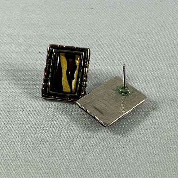 Faux Tigers Eye Silver Tone Border Rectangular Earrings .5" No Backs Classic - Picture 7 of 8